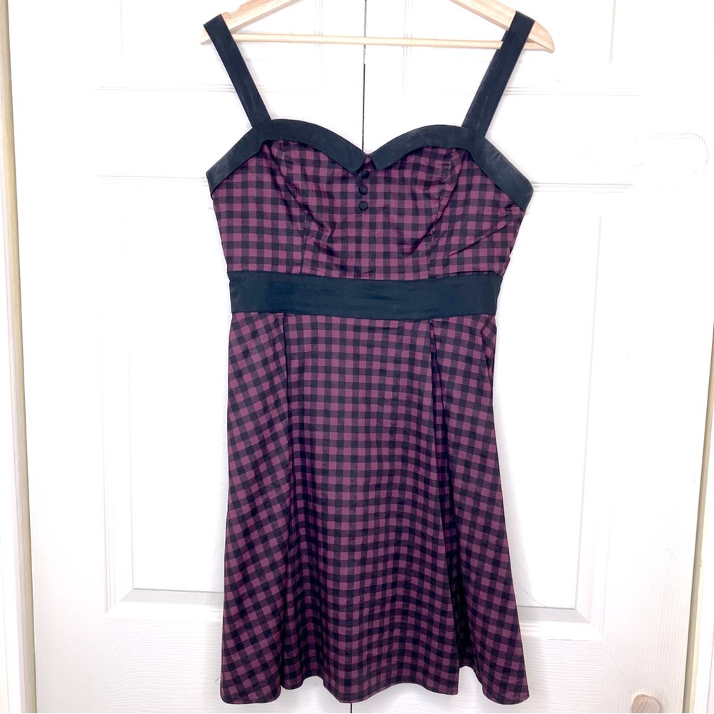 Hot Topic Maroon Black Gingham Plaid Check Rockabilly Pin Up Swing Dress Medium